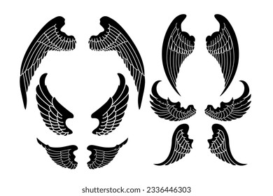 Conjunto de ilustraciones de un par de alas en blanco y negro, hechas al estilo de un tatuaje. Ángel alas. ilustración de las alas de pájaro.