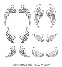 Set of  illustration of a pair of wings in black and white,  done in a tattoo-style. Angel wings. illustration of bird wings.