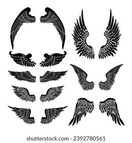 Conjunto de ilustraciones de un par de alas en blanco y negro, hechas al estilo de un tatuaje. Ángel alas. ilustración de las alas de pájaro.