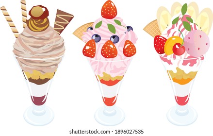 Set illustration of the parfait of marron, chocolate and fruits.