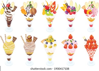 Set illustration of the parfait of marron, chocolate and fruits.