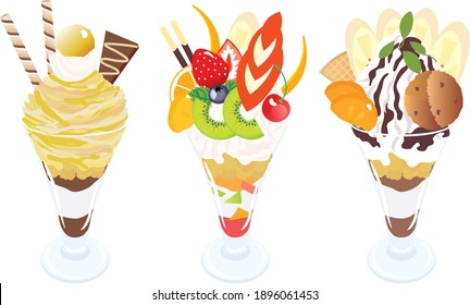 Set illustration of the parfaits of marron and chocolate and fruits