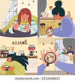 Set of illustration with people and coffee cafe environment, coffee menu, vector hand drawn illustration.