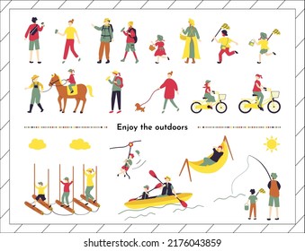 set illustration of people enjoying outdoor adventure