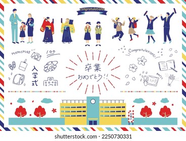 set illustration of people in graduation ceremony and entrance ceremony
Japanese Kanji character
"SOTSUGYOU""graduation"
"OMEDETOU SHUK""congratulations"
"NYUUGAKUSIKI""entrance ceremony"
