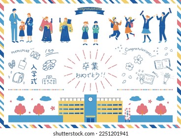 set illustration of people in graduation ceremony and entrance ceremony
Japanese Kanji character
"SOTSUGYOU""graduation"
"OMEDETOU SHUK""congratulations"
"NYUUGAKUSIKI""entrance ceremony"
