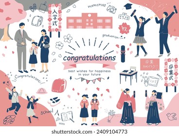 set illustration of people in graduation ceremony and entrance ceremony
Japanese Kanji character
