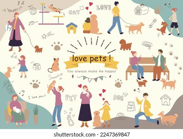 set illustration of people living with pets