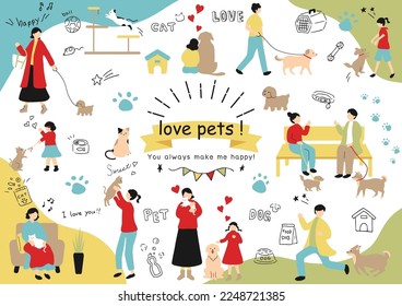 set illustration of people living with pets