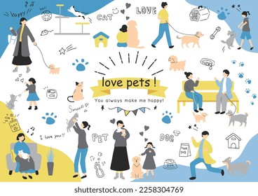 set illustration of people living with pets