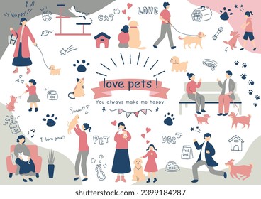 set illustration of people living with pets