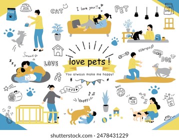 set illustration of people living with pets