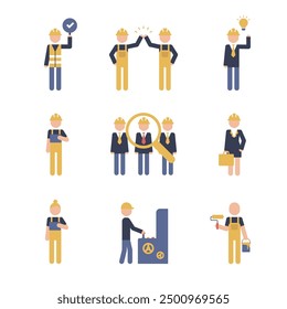 A set illustration of people related to equipment construction. Factory or plant workers color simple style icon set.