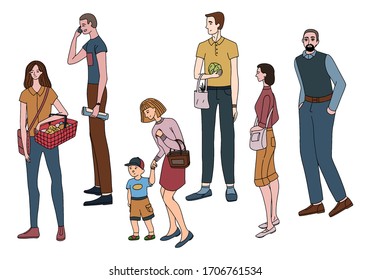 Set of illustration of people standing in queue or on the street. Humans in full growth. Colorful drawing of women and men isolated on white. Hand drawn vector collection in simple cartoon flat style.