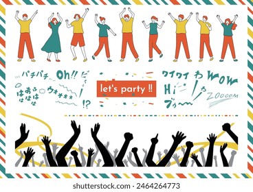 set illustration of people and yell of Japanese character  "Wow wow" "clap,clap""oh"