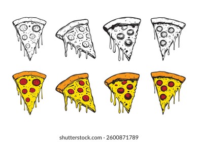 Set of illustration of a pizza isolated on white background. pizza slice with salami melted cheese for pizzeria package and menu designs. Flat Vector illustration