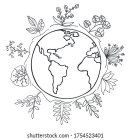 Set illustration of planet and floral elements around it. Hand drawn doodle sketch flowers, branches, plants, leaves, herbs. Silhouette of growing plants from the ground isolated on white background