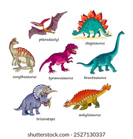 Conjunto de ilustración con dinosaurios extintos prehistóricos. Animales del mundo jurásico. Dibujo aislado sobre fondo blanco. Imprimir para enciclopedia, ropa de niños, bordado, Fondo de pantalla. Vector plano de dibujos animados.