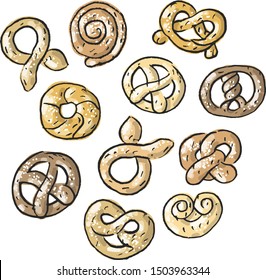 Set illustration with pretzels, bagels and donuts
