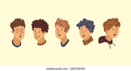Un conjunto de perfiles ilustrativos de hombres. Rostros de personas de diferentes tipos. Gráficos minimalistas de dibujos animados.