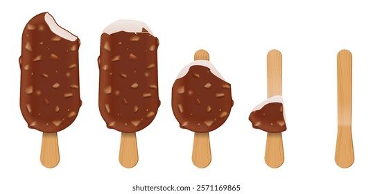 Set illustration of progressive melting and consumption of a chocolate-covered ice cream bar with nuts on a wooden stick. The sequence shows the ice cream gradually being eaten until only the stick