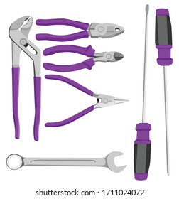set illustration of purple hand tools