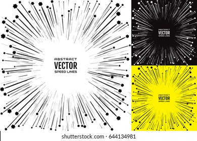 Set illustration of radial rays and silhouettes flying flowers of black color with effect power explosion.  Free space in the center for your text. Element of design