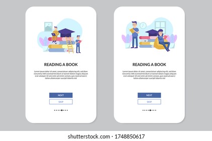 set illustration of reading activity with book literature. stay at home. study education course concept. flat design illustration