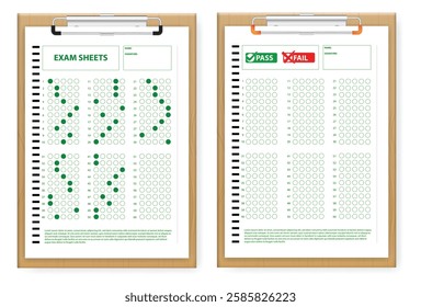 Set illustration of realistic Exam Answer Sheet with Pass and Fail Status, isolated