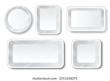 Set Illustration of Realistic Fresh Meat and vegetables Plastic Tray Styrofoam Packaging