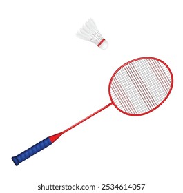 Definir ilustração de raquete de badminton vermelho com uma aderência azul e uma nave auxiliar branca em voo. As cordas da raquete são finamente detalhadas, e o galo é ligeiramente inclinado acima da raquete, pronto