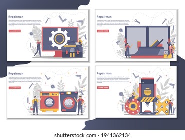 Set of illustration Repair and installation service with landing page concept. Repairman, engineers, technicians. Worker customer service. service concept for banner, website design, or web page