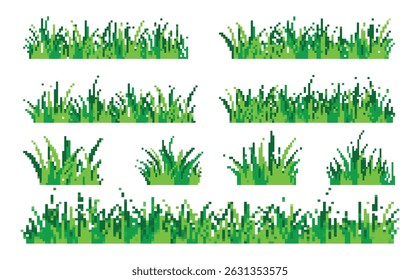 Set illustration of retro green grass pixel art style icon on white background