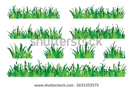 Set illustration of retro green grass pixel art style icon on white background