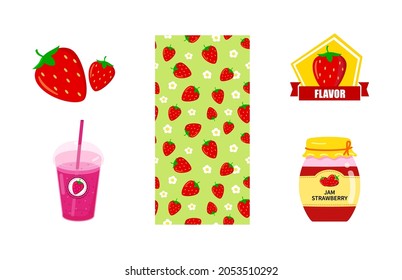 Set illustration with ripe red strawberry. Glass jar with label and red jam. juice with straw in plastic cup. Vector seamless  pattern with strawberry on green background.