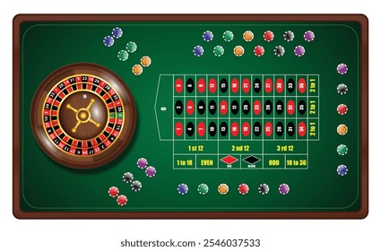 Set illustration of roulette wheel and betting table layout. The image features a roulette wheel on the left, a detailed betting grid on the right, and colorful poker chips scattered across the green