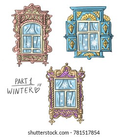 Set illustration with russian winter wood shutters