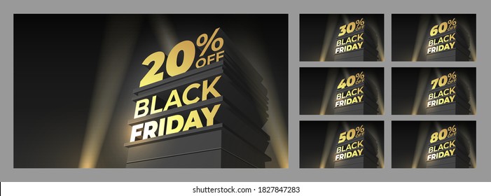 Set Illustration for sale BLACK FRIDAY with volumetric letters, building and spotlight. Discounts twenty, thirty, forty, fifty, sixty, seventy, eighty percent. Vector template for shop, flyer, cards.