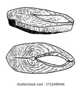 Set of illustration of salmon meat cuts in engraving style. Design element for poster, label, sign, emblem, menu. Vector illustration