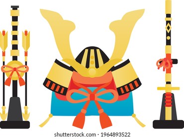 Ilustración de un casco, espada y flechas samurai del Día del Niño