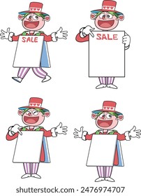 A set illustration of a sandwich man, a person holding an advertising billboard in front of and behind his body.