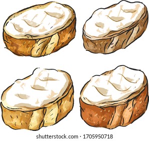 Set illustration with sandwiches with cream cheese, baguette with cream cheese