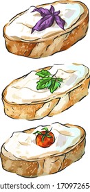 Set illustration with sandwiches with cream cheese, baguette with creame cheese