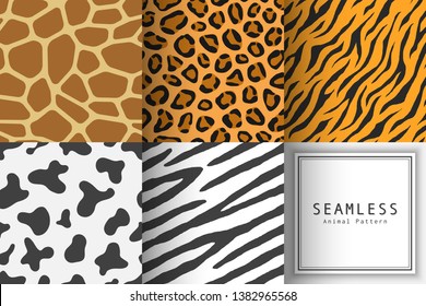 Set of Illustration seamless animal print pattern texture background. Realistic giraffe, leopard, panther, zebra, cow and tiger skin color. Vector