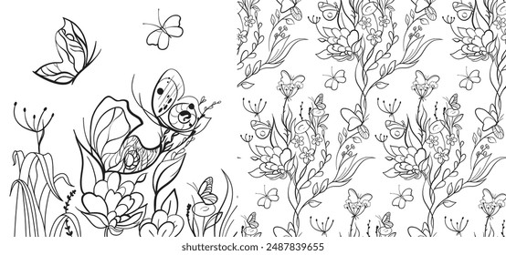 Set of illustration and Seamless black and white pattern with butterflies and flowers. Coloring book for girls or textile
