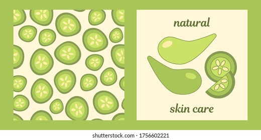 set of illustration and seamless pattern with natural skin care. natural facial eye patches, body cream, cucumber based cosmetics. sliced cucumbers. Modern design for packaging, paper, fabric
