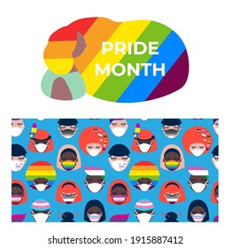 set of illustration and seamless pattern with people of different nationalities in medical face masks. LGBTQ Pride Month. Coronavirus pandemic. Covid-19