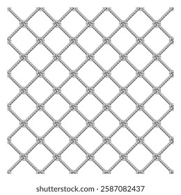 Set illustration of seamless pattern of a twisted rope net with interlocking knots forming a diamond-shaped grid. Ideal for backgrounds, textures, and nautical-themed designs.