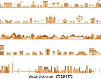 set illustration of sepia colored city landscape     amusement park,park,houses