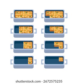Definir ilustração de servir lasanha. Lasanha no recipiente de comida. Lasanha caseira. Embalagem de alimentos. Recipiente para alimentos. 